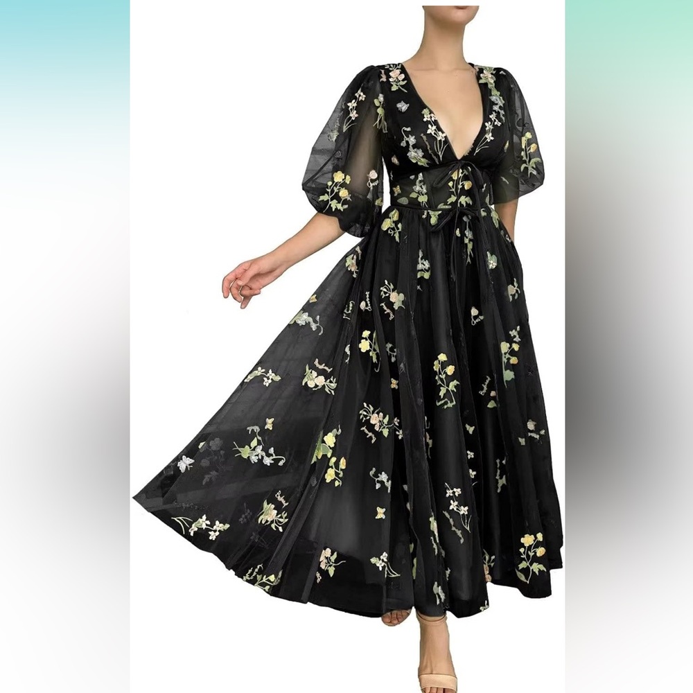 Black vneck floral dress